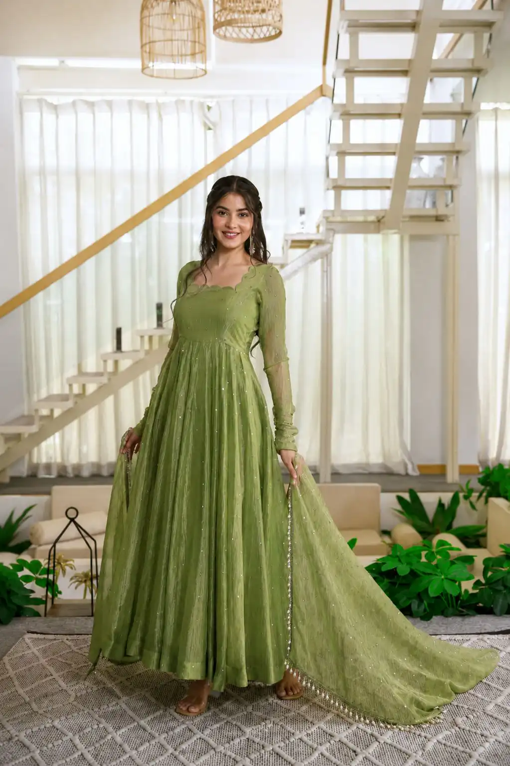 KD 1641 Green in Salsa Silk Embroidery Work & Sequins Work Gown . Get it for ₹2899. Delivery 4-6 Working Days. Online Shop now. | Bollywood Gowns, Creative Gowns, Designer Gowns, Embroidered Gowns, Gowns, Party Wear Gowns