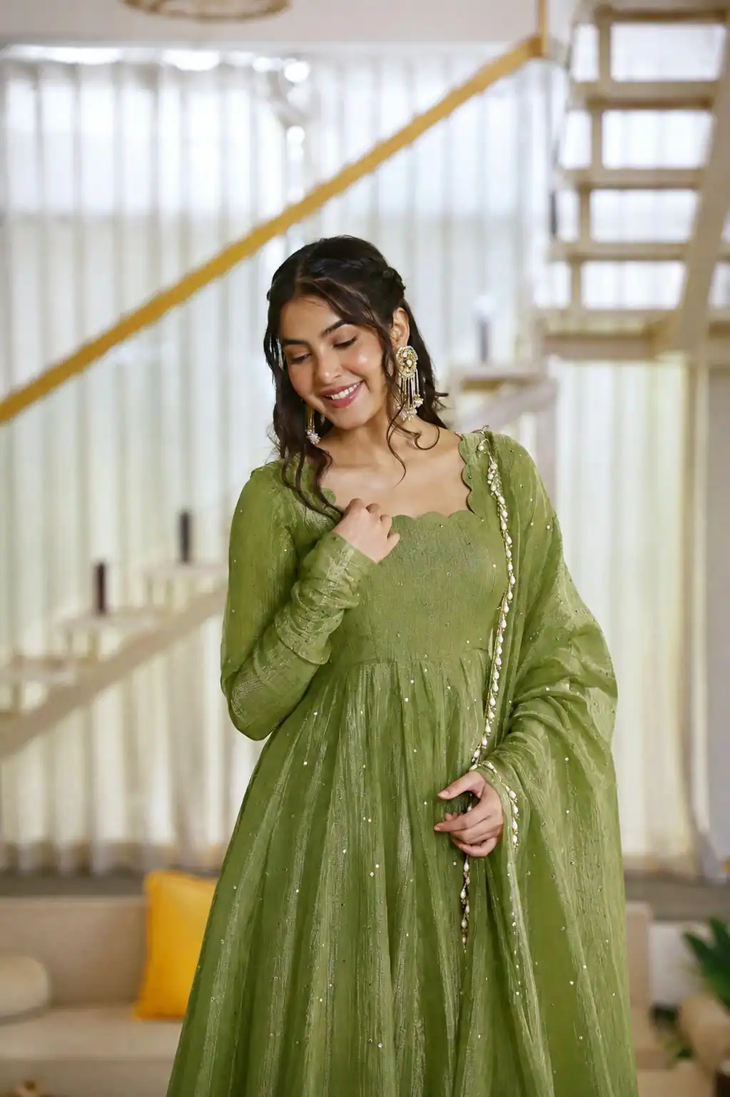 KD 1641 Green in Salsa Silk Embroidery Work & Sequins Work Gown . Get it for ₹2899. Delivery 4-6 Working Days. Online Shop now. | Bollywood Gowns, Creative Gowns, Designer Gowns, Embroidered Gowns, Gowns, Party Wear Gowns