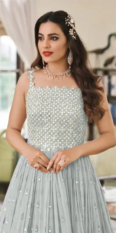 FC 1381 Grey Georgette Salwar Suit with Mirror Work & Embroidery Work. Get it for ₹2449. Delivery 4-6 Working Days. Shop now. | Jump Suits, Straight Suits, Casual Suits, Creative suits, Designer Suits, Palazzo Suits, Party Wear Suits, Patiala Suits, Salwar suit