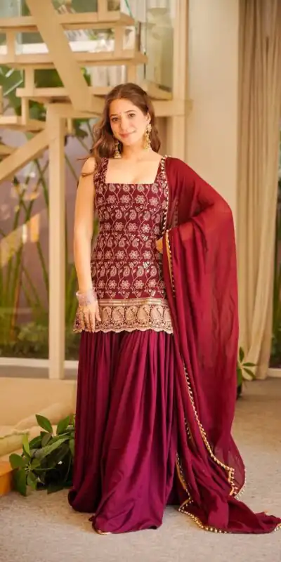 ST 1192 Maroon Faux Georgette Salwar Suit with Embroidery Work. Available at ₹2349 only. Delivery 4-6 Working Days. Shop now. | Jump Suits, Straight Suits, Tops & Bottoms, Track Suits, Trendy Wear, Casual Suits, Creative suits, Designer Suits, Palazzo Suits, Party Wear Suits, Patiala Suits, Salwar suit