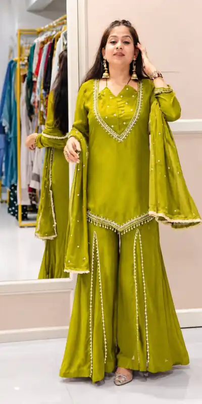JF 054 Mehendi Color Roman Silk Salwar Suit with Embroidery Work. Available at ₹2399 only. Delivery 4-6 Working Days. Shop now. | Jump Suits, Straight Suits, Casual Suits, Creative suits, Designer Suits, Palazzo Suits, Party Wear Suits, Patiala Suits, Salwar suit