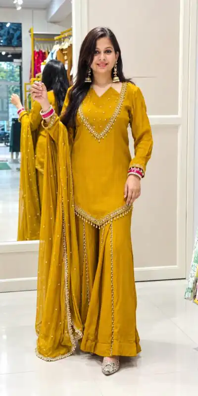 JF 054 Mustered Color Roman Silk Salwar Suit with Embroidery Work. Available at ₹2399 only. Delivery 4-6 Working Days. Shop now. | Jump Suits, Straight Suits, Casual Suits, Creative suits, Designer Suits, Palazzo Suits, Party Wear Suits, Patiala Suits, Salwar suit