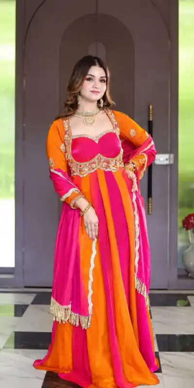 ZD 10025 Pink Fendy Silk Gown with Embroidery Work & Sequins Work. Special Price ₹2399. Delivery 4-6 Working Days. Shop now. | Bollywood Gowns, Creative Gowns, Designer Gowns, Embroidered Gowns, Gowns, Party Wear Gowns