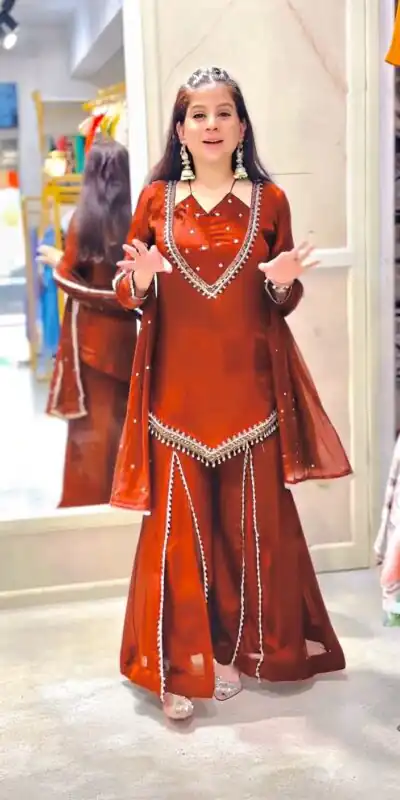 JF 054 Rust Color Roman Silk Salwar Suit with Embroidery Work. Available at ₹2399 only. Delivery 4-6 Working Days. Shop now. | Jump Suits, Straight Suits, Casual Suits, Creative suits, Designer Suits, Palazzo Suits, Party Wear Suits, Patiala Suits, Salwar suit