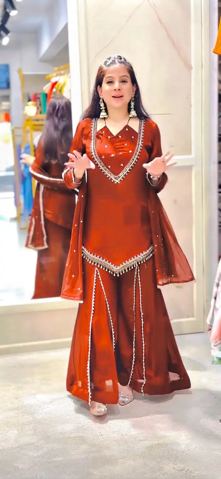 JF 054 Rust Color Roman Silk Salwar Suit with Embroidery Work. Available at ₹2399 only. Delivery 4-6 Working Days. Shop now. | Jump Suits, Straight Suits, Casual Suits, Creative suits, Designer Suits, Palazzo Suits, Party Wear Suits, Patiala Suits, Salwar suit
