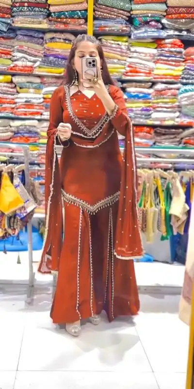 JF 054 Rust Color Roman Silk Salwar Suit with Embroidery Work. Available at ₹2399 only. Delivery 4-6 Working Days. Shop now. | Jump Suits, Straight Suits, Casual Suits, Creative suits, Designer Suits, Palazzo Suits, Party Wear Suits, Patiala Suits, Salwar suit