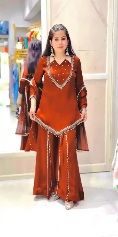 JF 054 Rust Color Roman Silk Salwar Suit with Embroidery Work. Available at ₹2399 only. Delivery 4-6 Working Days. Shop now. | Jump Suits, Straight Suits, Casual Suits, Creative suits, Designer Suits, Palazzo Suits, Party Wear Suits, Patiala Suits, Salwar suit