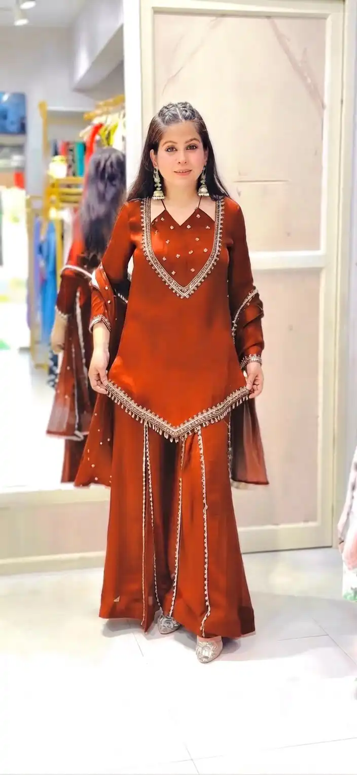 JF 054 Rust Color Roman Silk Salwar Suit with Embroidery Work. Available at ₹2399 only. Delivery 4-6 Working Days. Shop now. | Jump Suits, Straight Suits, Casual Suits, Creative suits, Designer Suits, Palazzo Suits, Party Wear Suits, Patiala Suits, Salwar suit