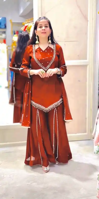 JF 054 Rust Color Roman Silk Salwar Suit with Embroidery Work. Available at ₹2399 only. Delivery 4-6 Working Days. Shop now. | Jump Suits, Straight Suits, Casual Suits, Creative suits, Designer Suits, Palazzo Suits, Party Wear Suits, Patiala Suits, Salwar suit