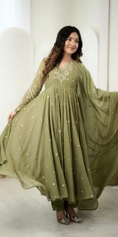 JF 056 Sage Green Faux Georgette Salwar Suit with Mirror Work & Embroidery Work. Get it for ₹2349. Delivery 4-6 Working Days. Shop now. | Jump Suits, Straight Suits, Casual Suits, Creative suits, Designer Suits, Palazzo Suits, Party Wear Suits, Patiala Suits, Salwar suit