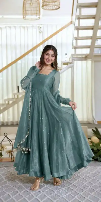 KD 1641 Teal in Salsa Silk Embroidery Work & Sequins Work Gown . Get it for ₹2899. Delivery 4-6 Working Days. Online Shop now. | Bollywood Gowns, Creative Gowns, Designer Gowns, Embroidered Gowns, Gowns, Party Wear Gowns