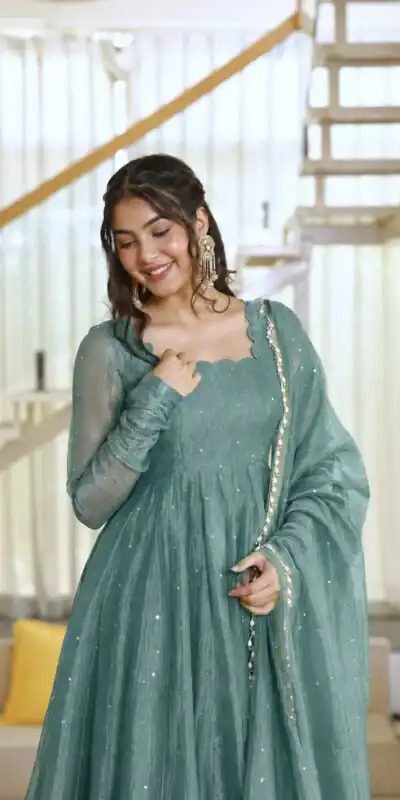 KD 1641 Teal in Salsa Silk Embroidery Work & Sequins Work Gown . Get it for ₹2899. Delivery 4-6 Working Days. Online Shop now. | Bollywood Gowns, Creative Gowns, Designer Gowns, Embroidered Gowns, Gowns, Party Wear Gowns
