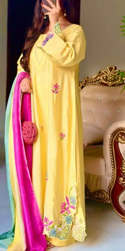 MF 544 Yellow Ho Silk Salwar Suit with Sequins Work & Embroidery Work. Grab it for ₹2349. Delivery 4-6 Working Days. Shop now. | Jump Suits, Straight Suits, Casual Suits, Creative suits, Designer Suits, Palazzo Suits, Party Wear Suits, Patiala Suits, Salwar suit