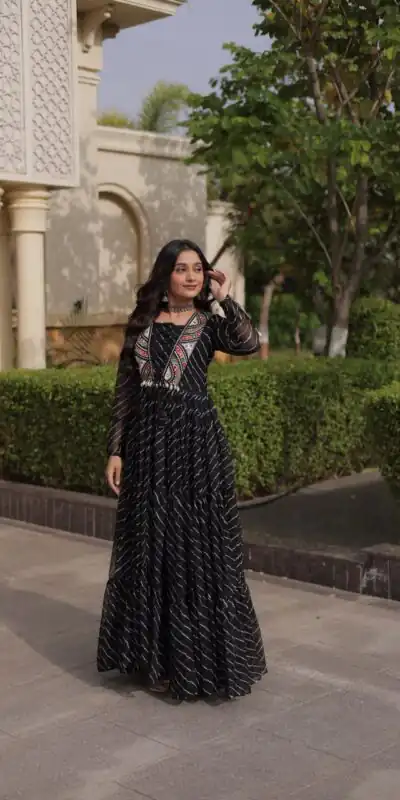 KA 1274 Black in Colour Faux Georgette Bandhani Print Work Gown. Available at ₹2019 only. Delivery 4-6 Working Days. Shop now. | Bollywood Gowns, Creative Gowns, Designer Gowns, Embroidered Gowns, Gowns, Party Wear Gowns