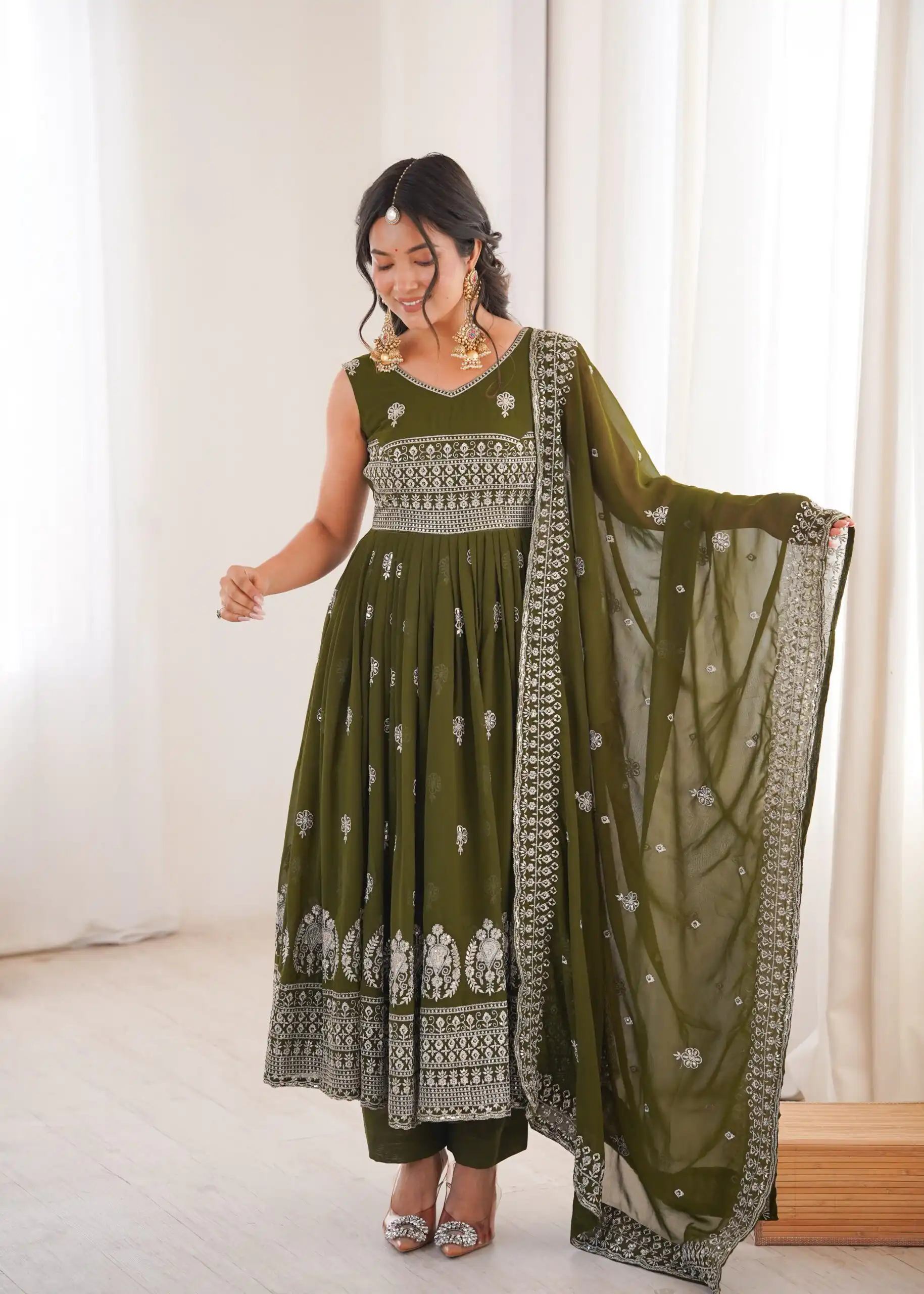 SP 91 Mehendi| Faux Georgette Salwar Suit with Lace Work & Digital Print. Introductory Price ₹2799. Delivery 4-6 Working Days. Shop now. | Anarkali Suits, Bollywood Anarkali, Creative-Anarkali, Designer Anarkali, Embroidered Anarkali, Party Wear Anarkali