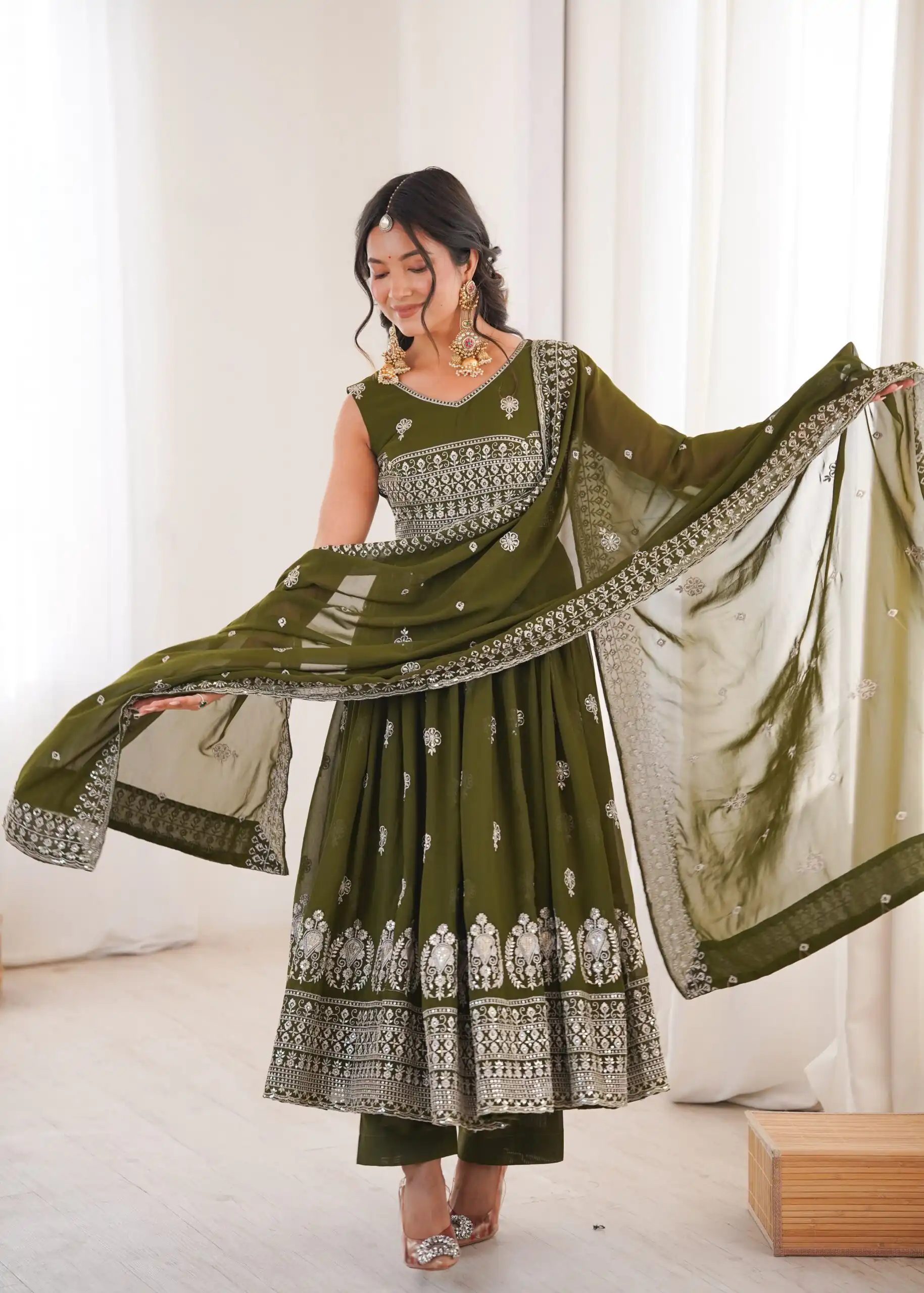 SP 91 Mehendi| Faux Georgette Salwar Suit with Lace Work & Digital Print. Introductory Price ₹2799. Delivery 4-6 Working Days. Shop now. | Anarkali Suits, Bollywood Anarkali, Creative-Anarkali, Designer Anarkali, Embroidered Anarkali, Party Wear Anarkali