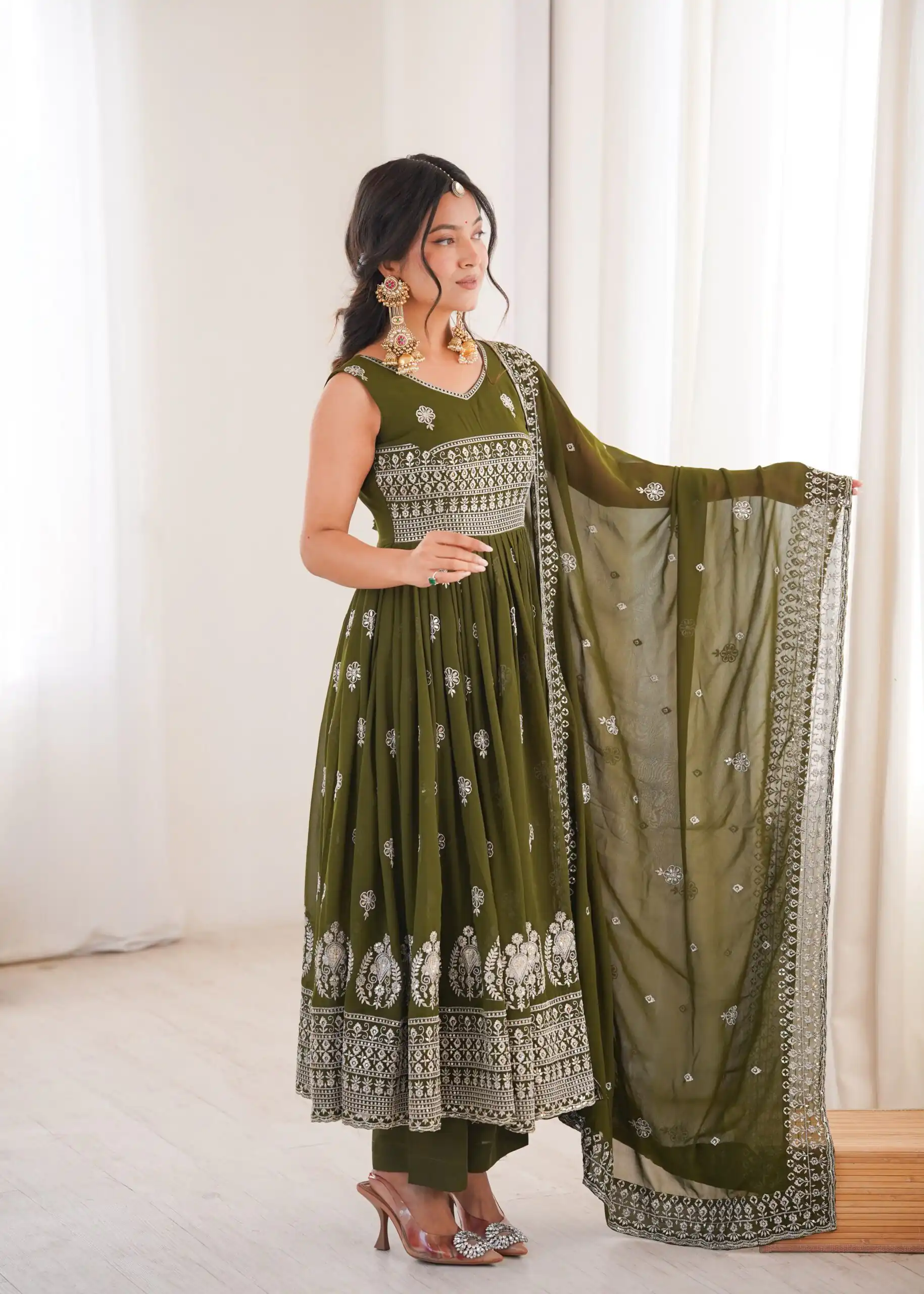 SP 91 Mehendi| Faux Georgette Salwar Suit with Lace Work & Digital Print. Introductory Price ₹2799. Delivery 4-6 Working Days. Shop now. | Anarkali Suits, Bollywood Anarkali, Creative-Anarkali, Designer Anarkali, Embroidered Anarkali, Party Wear Anarkali
