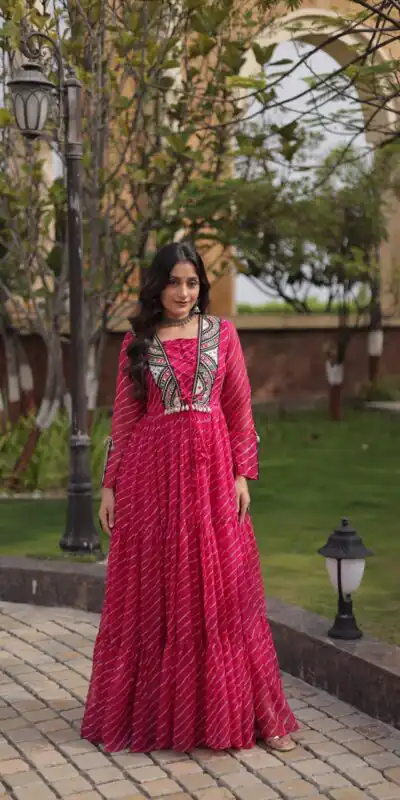 KA 1274 Pink in Colour Faux Georgette Bandhani Print Work Gown. Available at ₹2019 only. Delivery 4-6 Working Days. Shop now. | Bollywood Gowns, Creative Gowns, Designer Gowns, Embroidered Gowns, Gowns, Party Wear Gowns