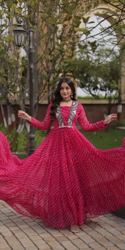 KA 1274 Pink in Colour Faux Georgette Bandhani Print Work Gown. Available at ₹2019 only. Delivery 4-6 Working Days. Shop now. | Bollywood Gowns, Creative Gowns, Designer Gowns, Embroidered Gowns, Gowns, Party Wear Gowns