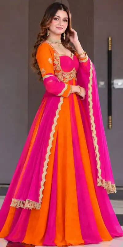 ND 5072 Pink Fendy Silk Gown with Embroidery Work & Sequins Work. Special Price ₹2849. Delivery 4-6 Working Days. Shop now. | Bollywood Gowns, Creative Gowns, Designer Gowns, Embroidered Gowns, Gowns, Party Wear Gowns