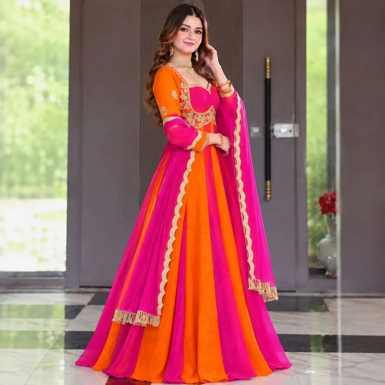 ND 5072 Pink Fendy Silk Gown with Embroidery Work & Sequins Work. Special Price ₹2849. Delivery 4-6 Working Days. Shop now. | Bollywood Gowns, Creative Gowns, Designer Gowns, Embroidered Gowns, Gowns, Party Wear Gowns