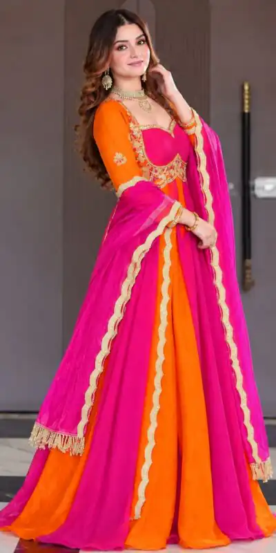 ND 5072 Pink Fendy Silk Gown with Embroidery Work & Sequins Work. Special Price ₹2849. Delivery 4-6 Working Days. Shop now. | Bollywood Gowns, Creative Gowns, Designer Gowns, Embroidered Gowns, Gowns, Party Wear Gowns