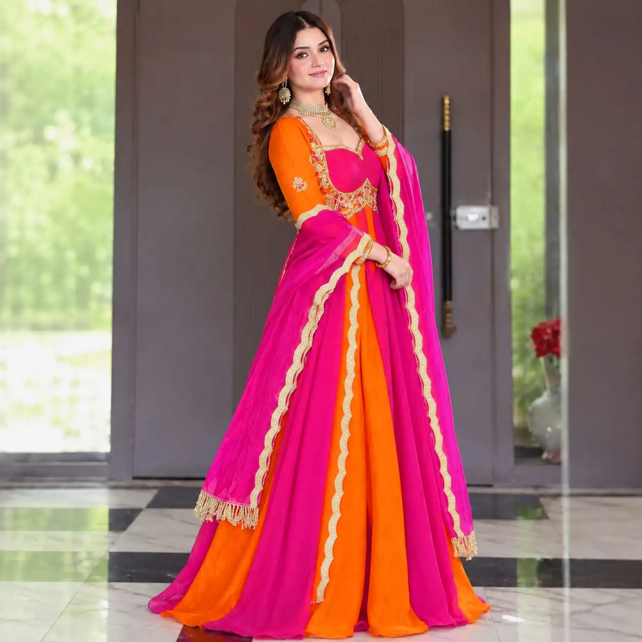 ND 5072 Pink Fendy Silk Gown with Embroidery Work & Sequins Work. Special Price ₹2849. Delivery 4-6 Working Days. Shop now. | Bollywood Gowns, Creative Gowns, Designer Gowns, Embroidered Gowns, Gowns, Party Wear Gowns