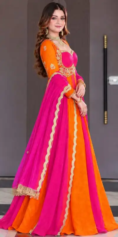 ND 5072 Pink Fendy Silk Gown with Embroidery Work & Sequins Work. Special Price ₹2849. Delivery 4-6 Working Days. Shop now. | Bollywood Gowns, Creative Gowns, Designer Gowns, Embroidered Gowns, Gowns, Party Wear Gowns
