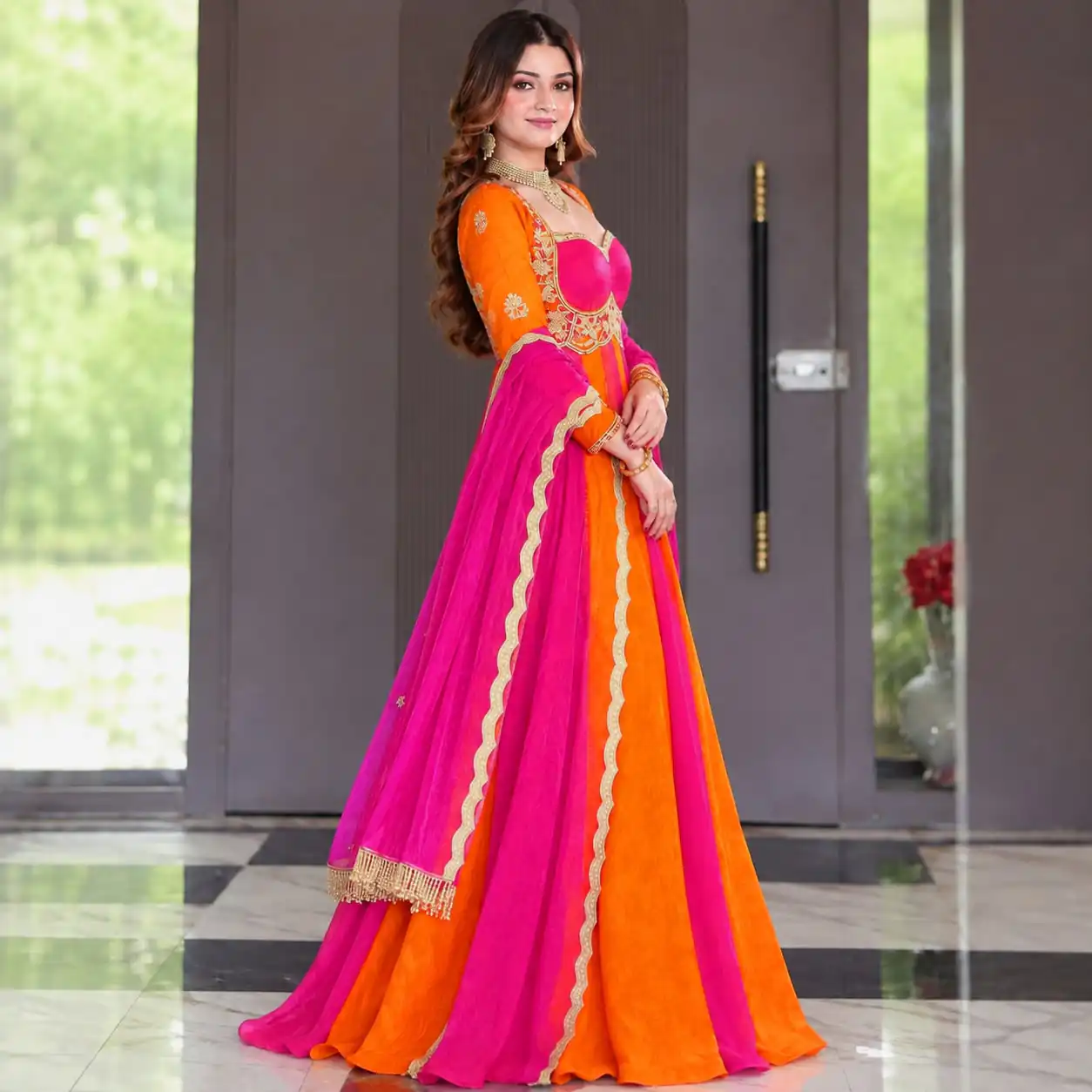 ND 5072 Pink Fendy Silk Gown with Embroidery Work & Sequins Work. Special Price ₹2849. Delivery 4-6 Working Days. Shop now. | Bollywood Gowns, Creative Gowns, Designer Gowns, Embroidered Gowns, Gowns, Party Wear Gowns