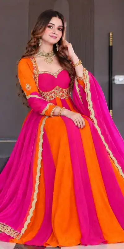 ND 5072 Pink Fendy Silk Gown with Embroidery Work & Sequins Work. Special Price ₹2849. Delivery 4-6 Working Days. Shop now. | Bollywood Gowns, Creative Gowns, Designer Gowns, Embroidered Gowns, Gowns, Party Wear Gowns