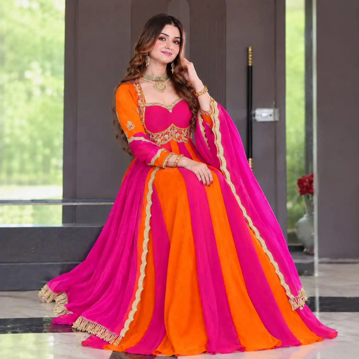 ND 5072 Pink Fendy Silk Gown with Embroidery Work & Sequins Work. Special Price ₹2849. Delivery 4-6 Working Days. Shop now. | Bollywood Gowns, Creative Gowns, Designer Gowns, Embroidered Gowns, Gowns, Party Wear Gowns