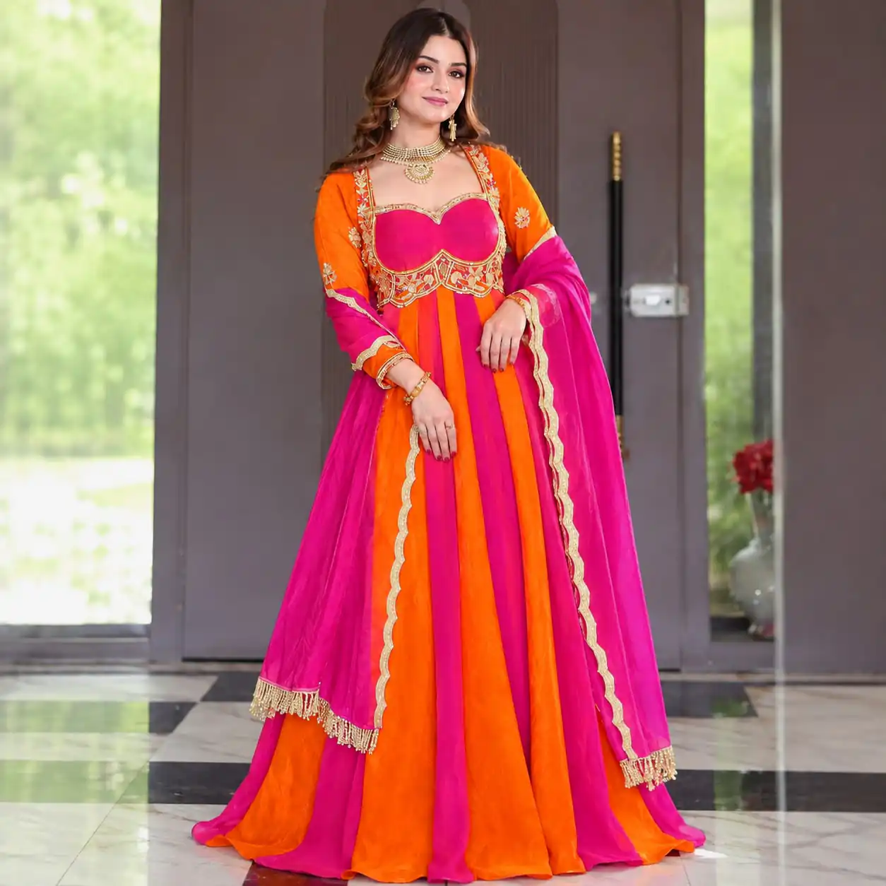 ND 5072 Pink Fendy Silk Gown with Embroidery Work & Sequins Work. Special Price ₹2849. Delivery 4-6 Working Days. Shop now. | Bollywood Gowns, Creative Gowns, Designer Gowns, Embroidered Gowns, Gowns, Party Wear Gowns
