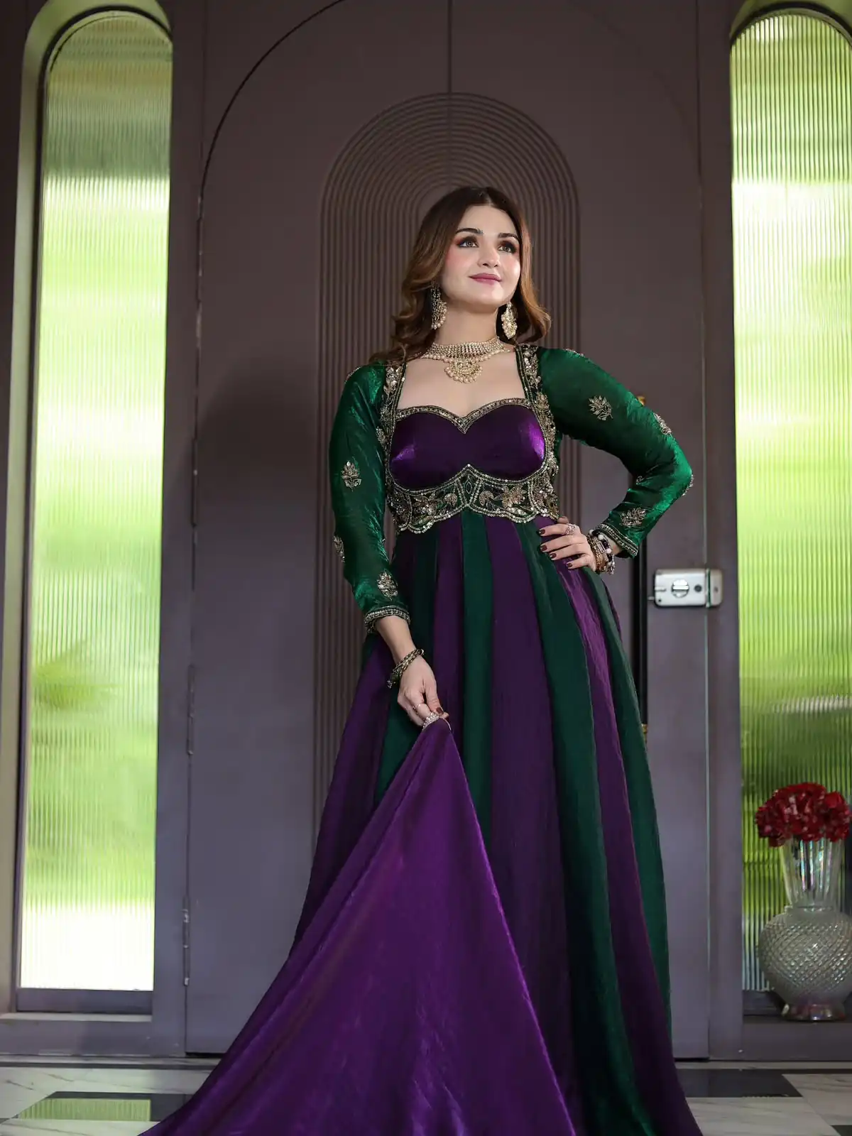ND 5072 Purple Fendy Silk Gown with Embroidery Work & Sequins Work. Special Price ₹2849. Delivery 4-6 Working Days. Shop now. | Bollywood Gowns, Creative Gowns, Designer Gowns, Embroidered Gowns, Gowns, Party Wear Gowns