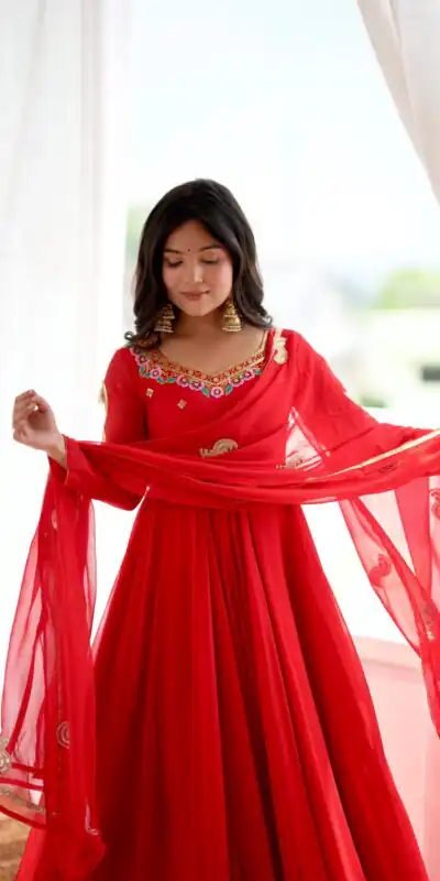 SRK 5363 Red Faux Georgette Gown with Sequins Work & Embroidery Work. Affordable Price ₹2099. Delivery 4-6 Working Days. Shop now. | Bollywood Gowns, Creative Gowns, Designer Gowns, Embroidered Gowns, Gowns, Party Wear Gowns