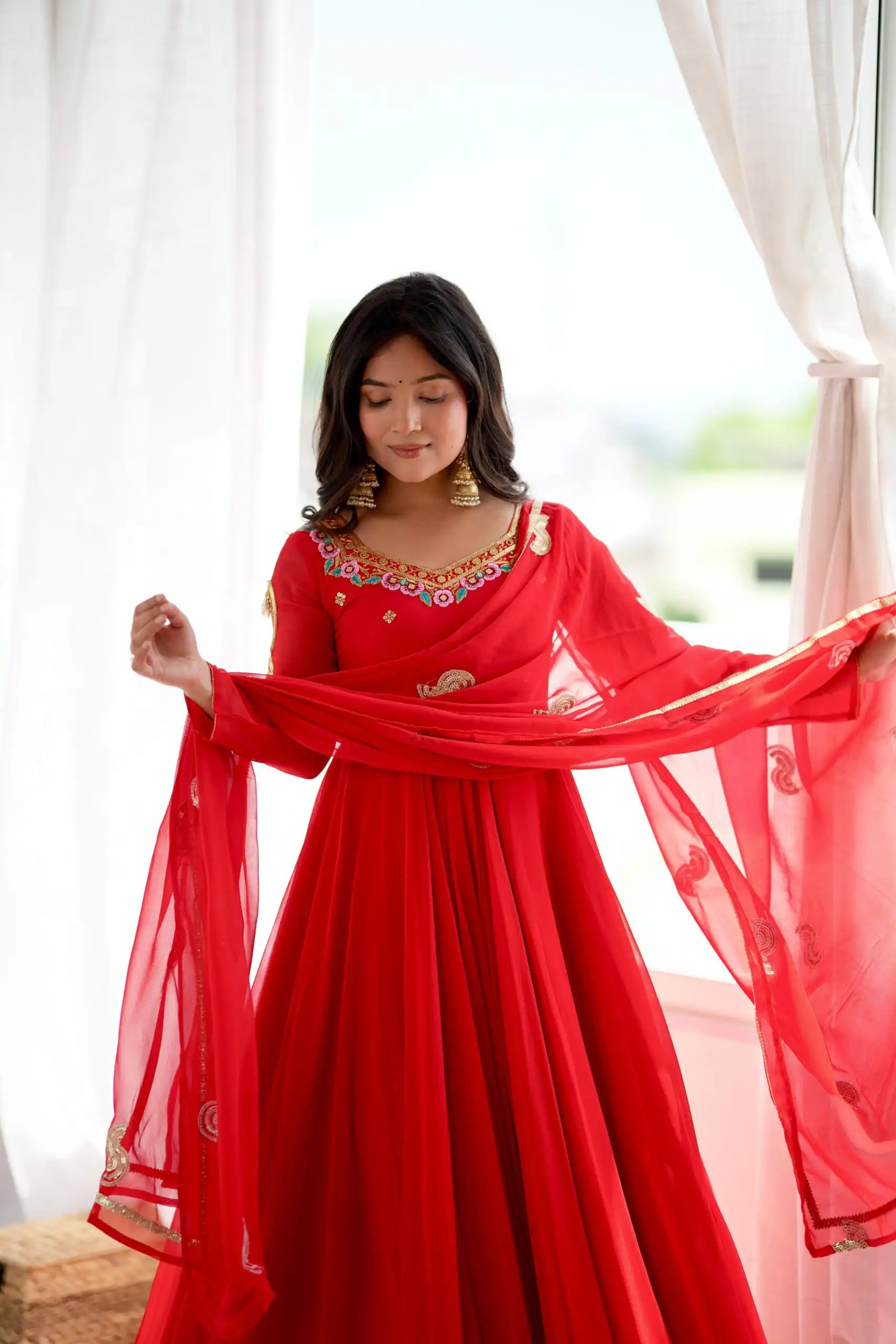 SRK 5363 Red Faux Georgette Gown with Sequins Work & Embroidery Work. Affordable Price ₹2099. Delivery 4-6 Working Days. Shop now. | Bollywood Gowns, Creative Gowns, Designer Gowns, Embroidered Gowns, Gowns, Party Wear Gowns