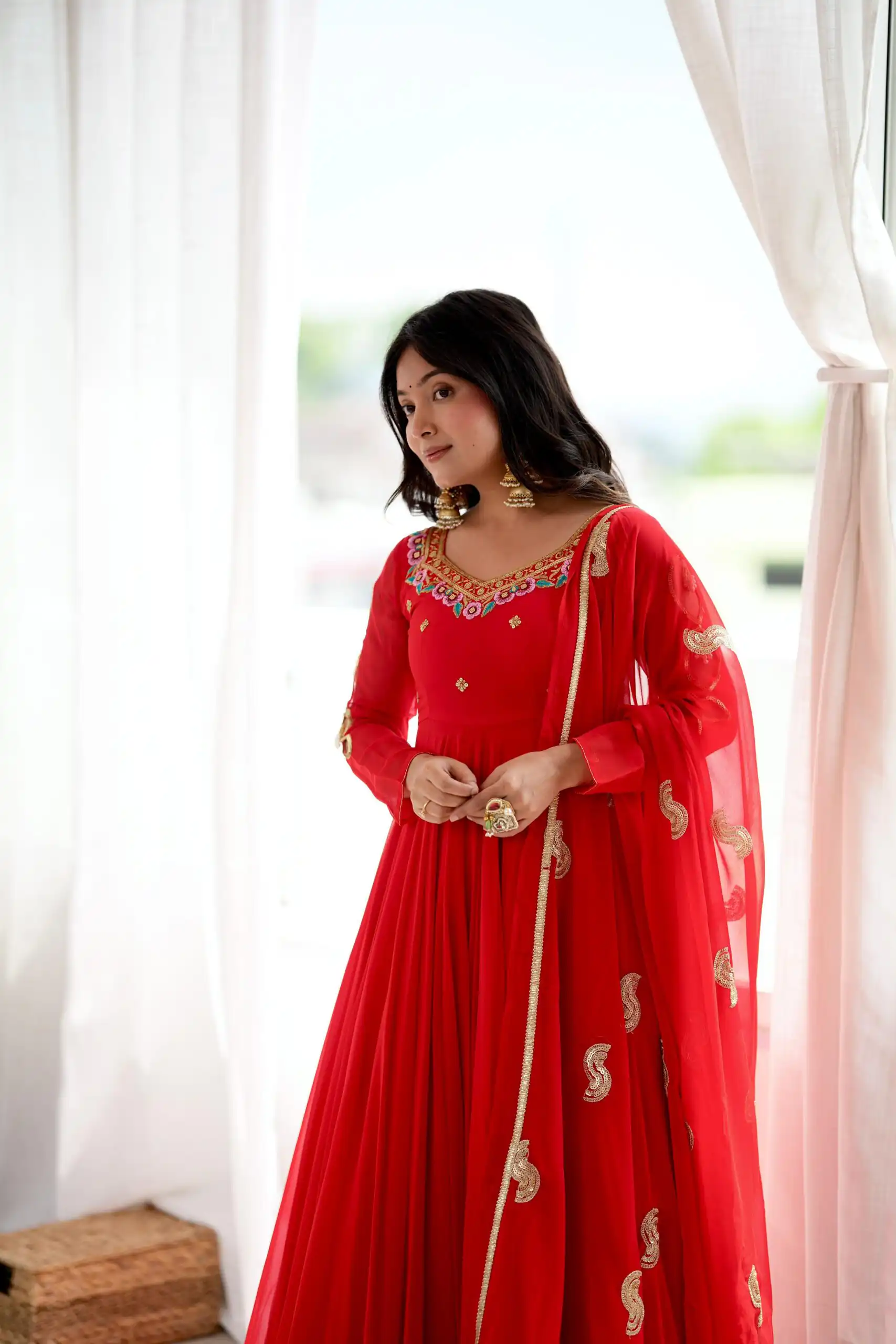 SRK 5363 Red Faux Georgette Gown with Sequins Work & Embroidery Work. Affordable Price ₹2099. Delivery 4-6 Working Days. Shop now. | Bollywood Gowns, Creative Gowns, Designer Gowns, Embroidered Gowns, Gowns, Party Wear Gowns