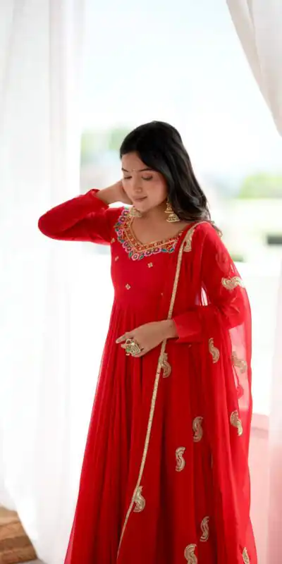SRK 5363 Red Faux Georgette Gown with Sequins Work & Embroidery Work. Affordable Price ₹2099. Delivery 4-6 Working Days. Shop now. | Bollywood Gowns, Creative Gowns, Designer Gowns, Embroidered Gowns, Gowns, Party Wear Gowns