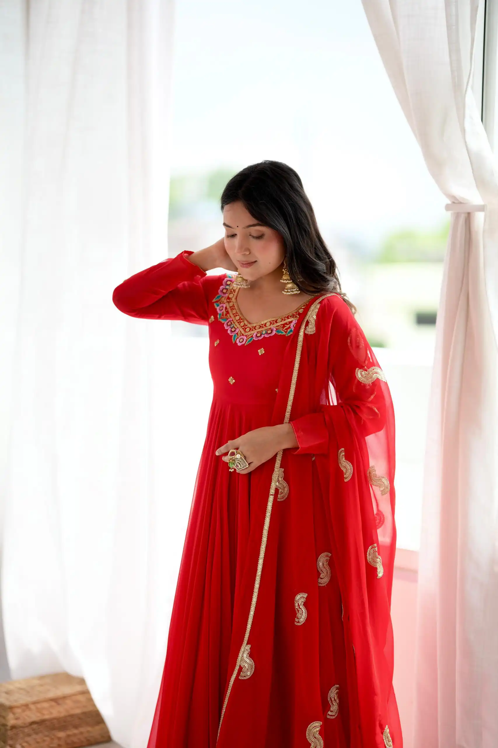 SRK 5363 Red Faux Georgette Gown with Sequins Work & Embroidery Work. Affordable Price ₹2099. Delivery 4-6 Working Days. Shop now. | Bollywood Gowns, Creative Gowns, Designer Gowns, Embroidered Gowns, Gowns, Party Wear Gowns