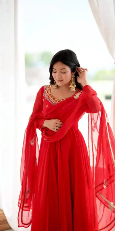 SRK 5363 Red Faux Georgette Gown with Sequins Work & Embroidery Work. Affordable Price ₹2099. Delivery 4-6 Working Days. Shop now. | Bollywood Gowns, Creative Gowns, Designer Gowns, Embroidered Gowns, Gowns, Party Wear Gowns