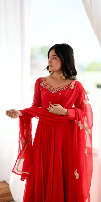 SRK 5363 Red Faux Georgette Gown with Sequins Work & Embroidery Work. Affordable Price ₹2099. Delivery 4-6 Working Days. Shop now. | Bollywood Gowns, Creative Gowns, Designer Gowns, Embroidered Gowns, Gowns, Party Wear Gowns