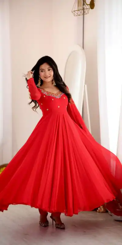 SRK 5363 Red Faux Georgette Gown with Sequins Work & Embroidery Work. Affordable Price ₹2099. Delivery 4-6 Working Days. Shop now. | Bollywood Gowns, Creative Gowns, Designer Gowns, Embroidered Gowns, Gowns, Party Wear Gowns