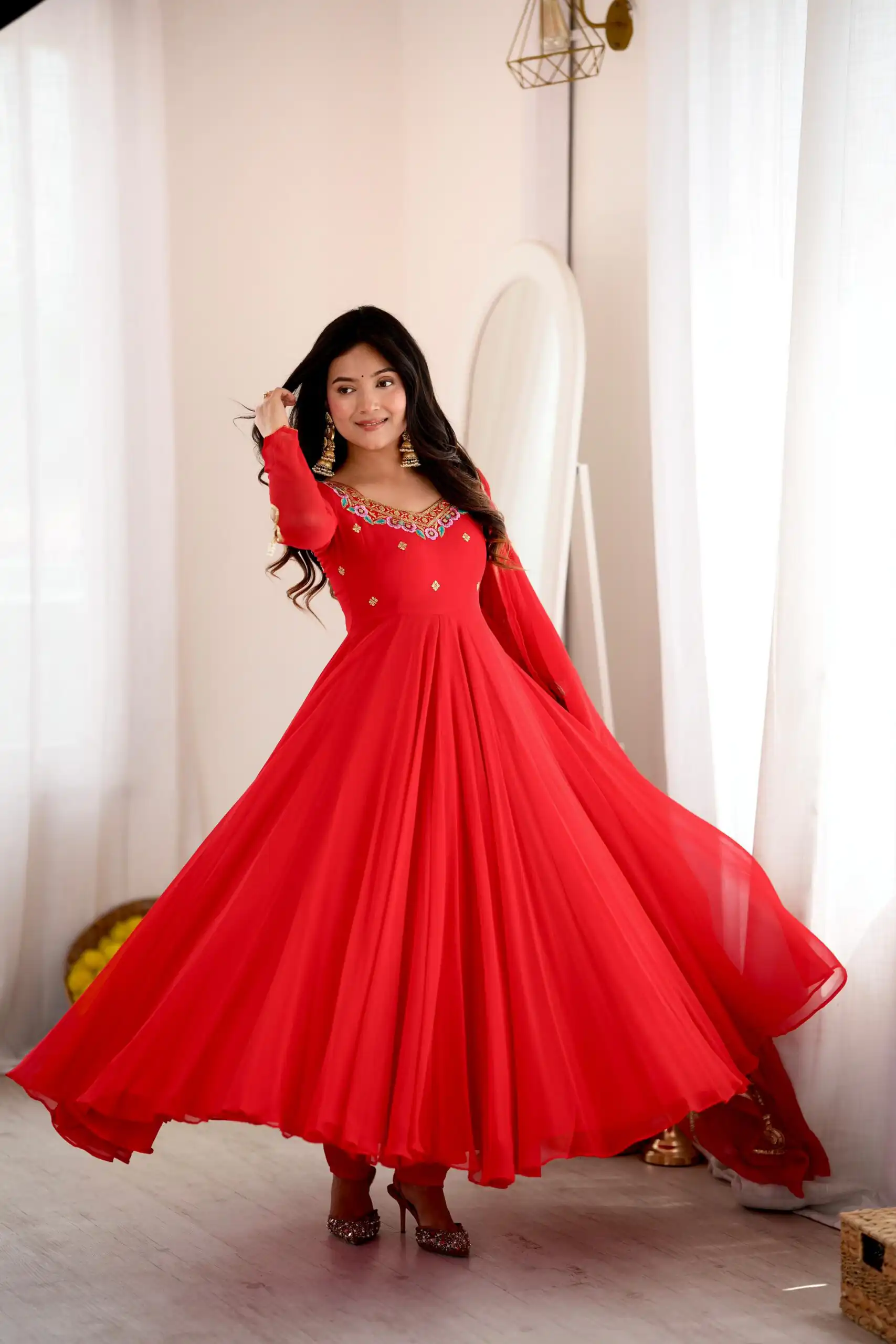 SRK 5363 Red Faux Georgette Gown with Sequins Work & Embroidery Work. Affordable Price ₹2099. Delivery 4-6 Working Days. Shop now. | Bollywood Gowns, Creative Gowns, Designer Gowns, Embroidered Gowns, Gowns, Party Wear Gowns