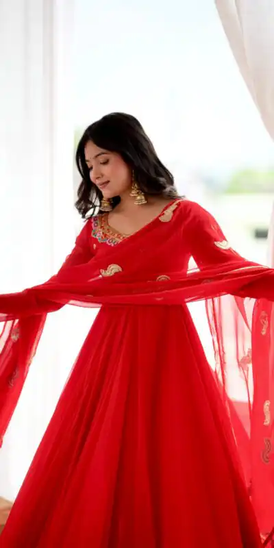 SRK 5363 Red Faux Georgette Gown with Sequins Work & Embroidery Work. Affordable Price ₹2099. Delivery 4-6 Working Days. Shop now. | Bollywood Gowns, Creative Gowns, Designer Gowns, Embroidered Gowns, Gowns, Party Wear Gowns