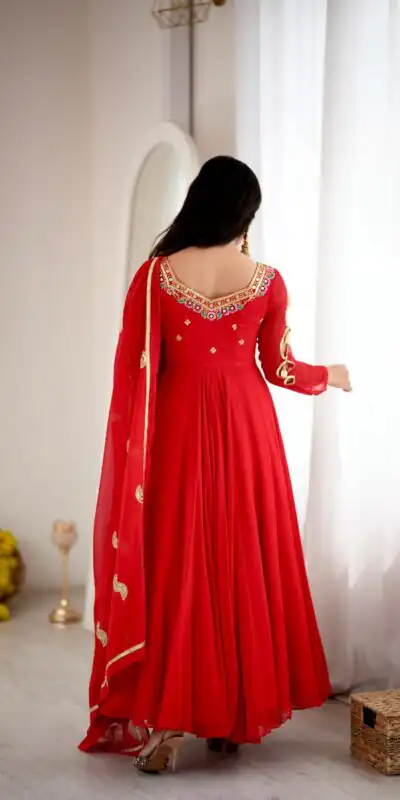 SRK 5363 Red Faux Georgette Gown with Sequins Work & Embroidery Work. Affordable Price ₹2099. Delivery 4-6 Working Days. Shop now. | Bollywood Gowns, Creative Gowns, Designer Gowns, Embroidered Gowns, Gowns, Party Wear Gowns
