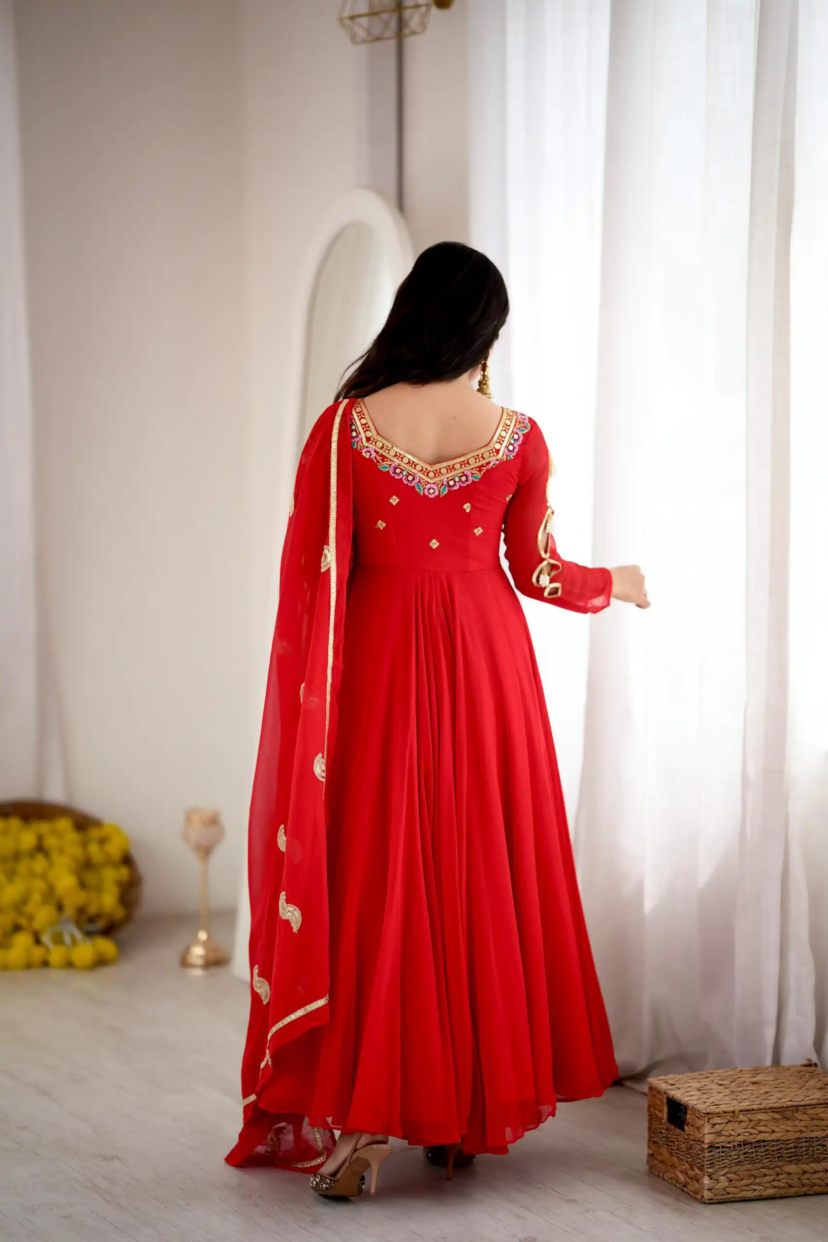 SRK 5363 Red Faux Georgette Gown with Sequins Work & Embroidery Work. Affordable Price ₹2099. Delivery 4-6 Working Days. Shop now. | Bollywood Gowns, Creative Gowns, Designer Gowns, Embroidered Gowns, Gowns, Party Wear Gowns