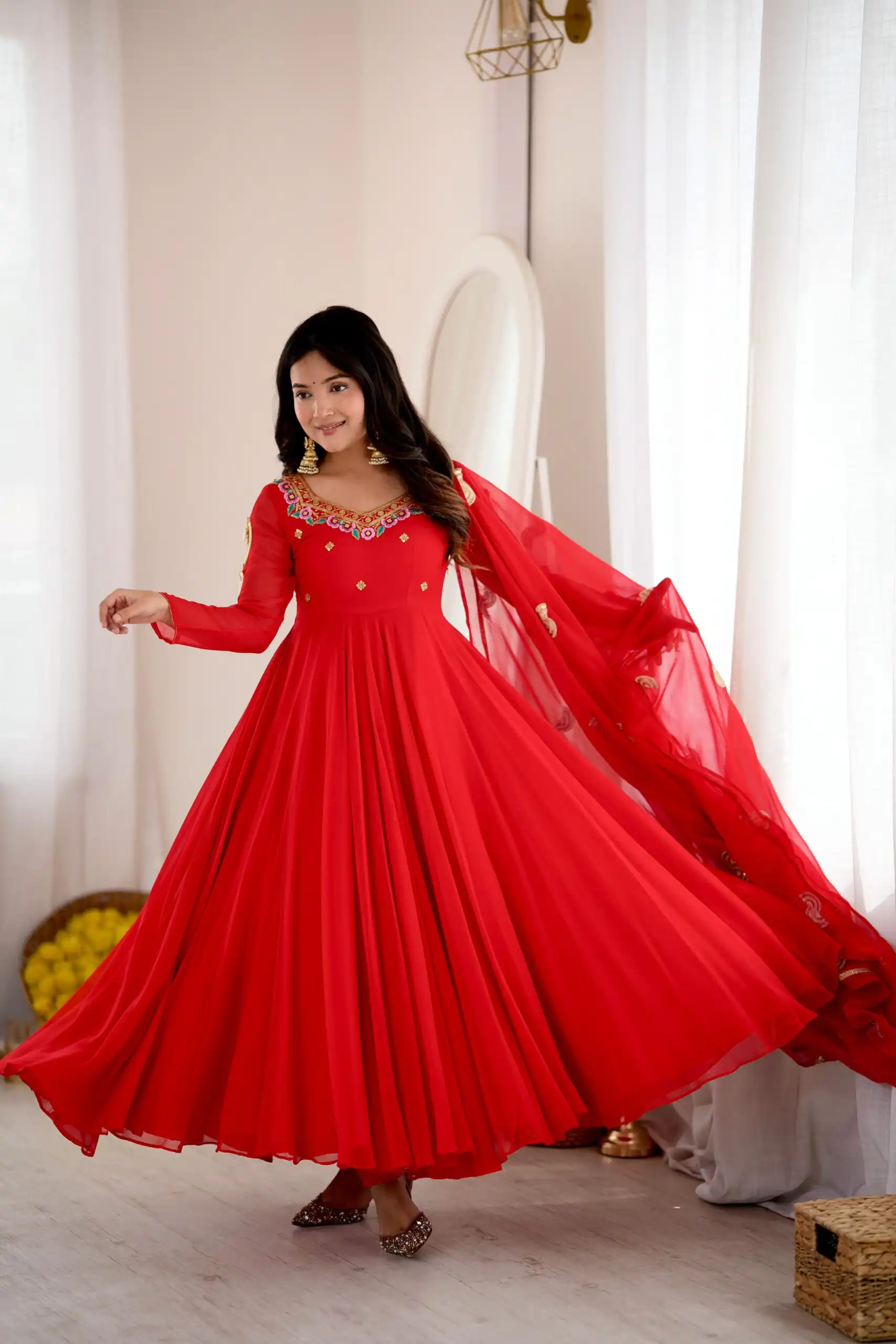 SRK 5363 Red Faux Georgette Gown with Sequins Work & Embroidery Work. Affordable Price ₹2099. Delivery 4-6 Working Days. Shop now. | Bollywood Gowns, Creative Gowns, Designer Gowns, Embroidered Gowns, Gowns, Party Wear Gowns