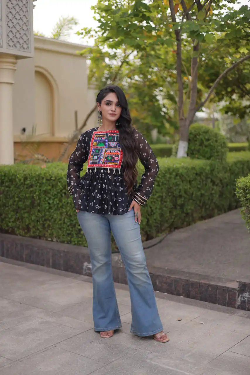 KA 5079 Black Fox Georgette Kurti with Lace Work & Mirror Work. Affordable Price ₹2719. Delivery 4-6 Working Days. Shop now. | Bollywood Kurti, Creative Kurtis, Designer Kurti, Kurti, Party Wear Kurti, Selfie Kurti