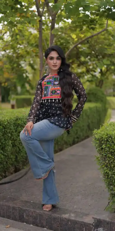 KA 5079 Black Fox Georgette Kurti with Lace Work & Mirror Work. Affordable Price ₹2719. Delivery 4-6 Working Days. Shop now. | Bollywood Kurti, Creative Kurtis, Designer Kurti, Kurti, Party Wear Kurti, Selfie Kurti