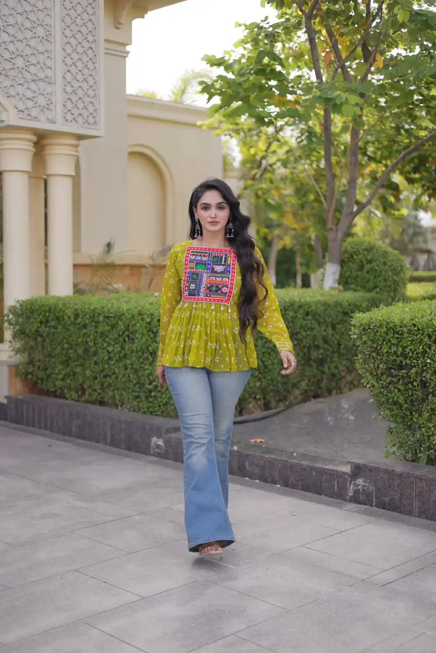 KA 5079 Mehandi Fox Georgette Kurti with Lace Work & Mirror Work. Affordable Price ₹2719. Delivery 4-6 Working Days. Shop now. | Bollywood Kurti, Creative Kurtis, Designer Kurti, Kurti, Party Wear Kurti, Selfie Kurti