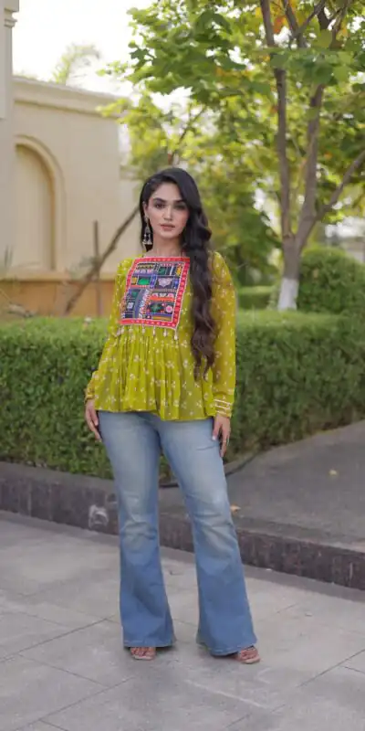 KA 5079 Mehandi Fox Georgette Kurti with Lace Work & Mirror Work. Affordable Price ₹2719. Delivery 4-6 Working Days. Shop now. | Bollywood Kurti, Creative Kurtis, Designer Kurti, Kurti, Party Wear Kurti, Selfie Kurti